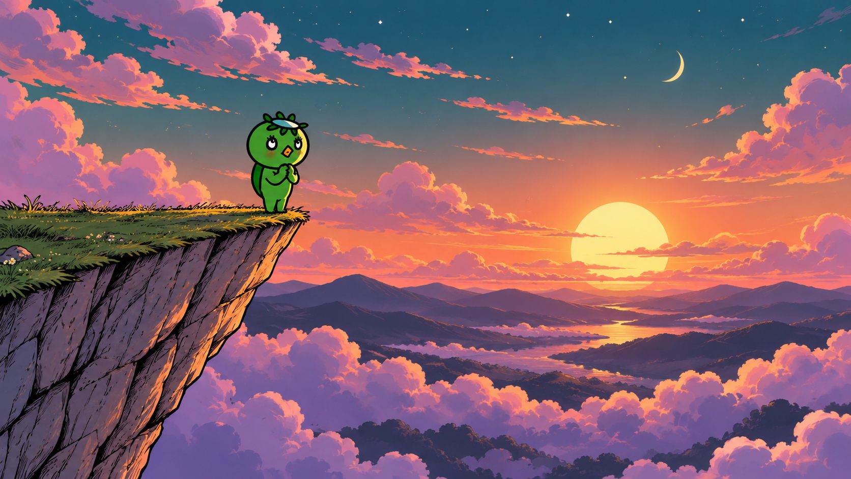 Kapo standing at the edge of a cliff at sunset, hands clasped, looking out at the horizon