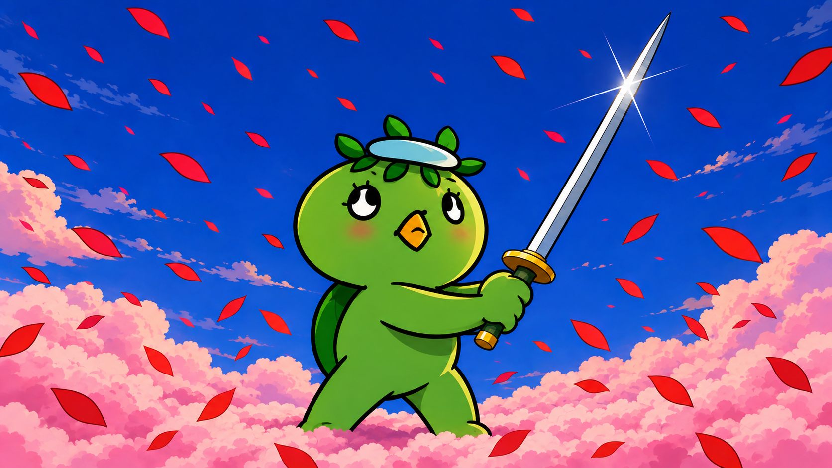 Kapo holding a katana under falling cherry blossoms